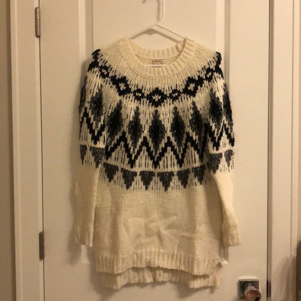 Cream,grey, and black patterned sweater dress